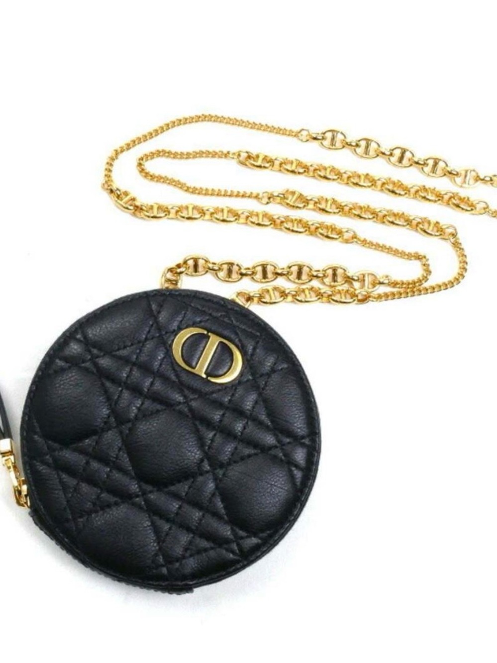 Dior Black Quilted Round Coin Pouch with Gold Chain